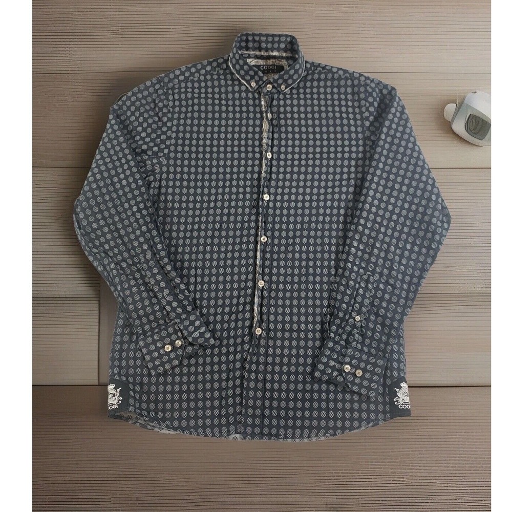 Coogi Luxe Button Down Shirt Mens M Grey Black Geometric Paisley Trim Designer - Picture 2 of 11